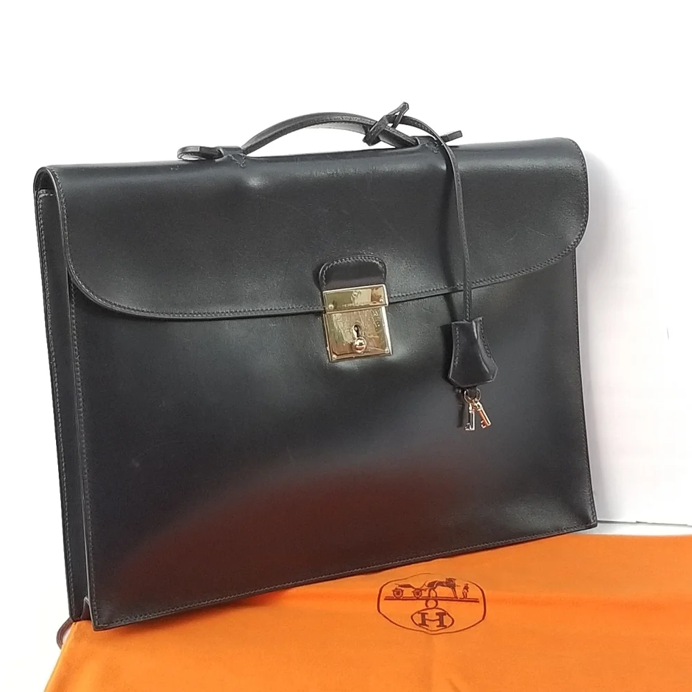 Hermès Paris Sac à dépêches briefcase in dark Navy box leather Vintage